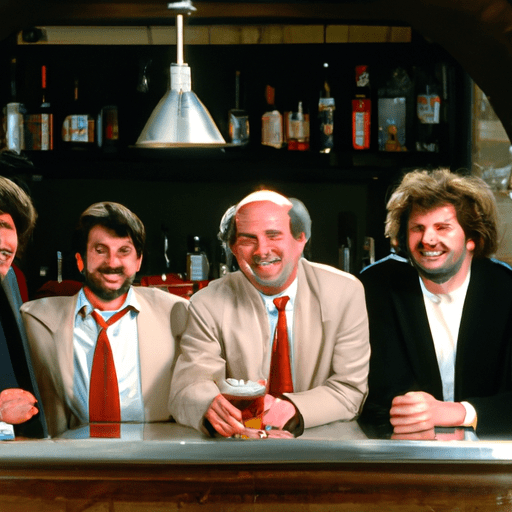 A Still Image From The Sitcom 'Cheers', Showing The Main Characters In The Iconic Bar Setting